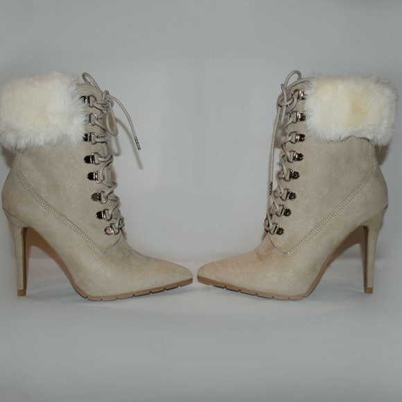 Qupid Suede Faux Fur Collar Stiletto Ankle Boots - Picture 5 of 5